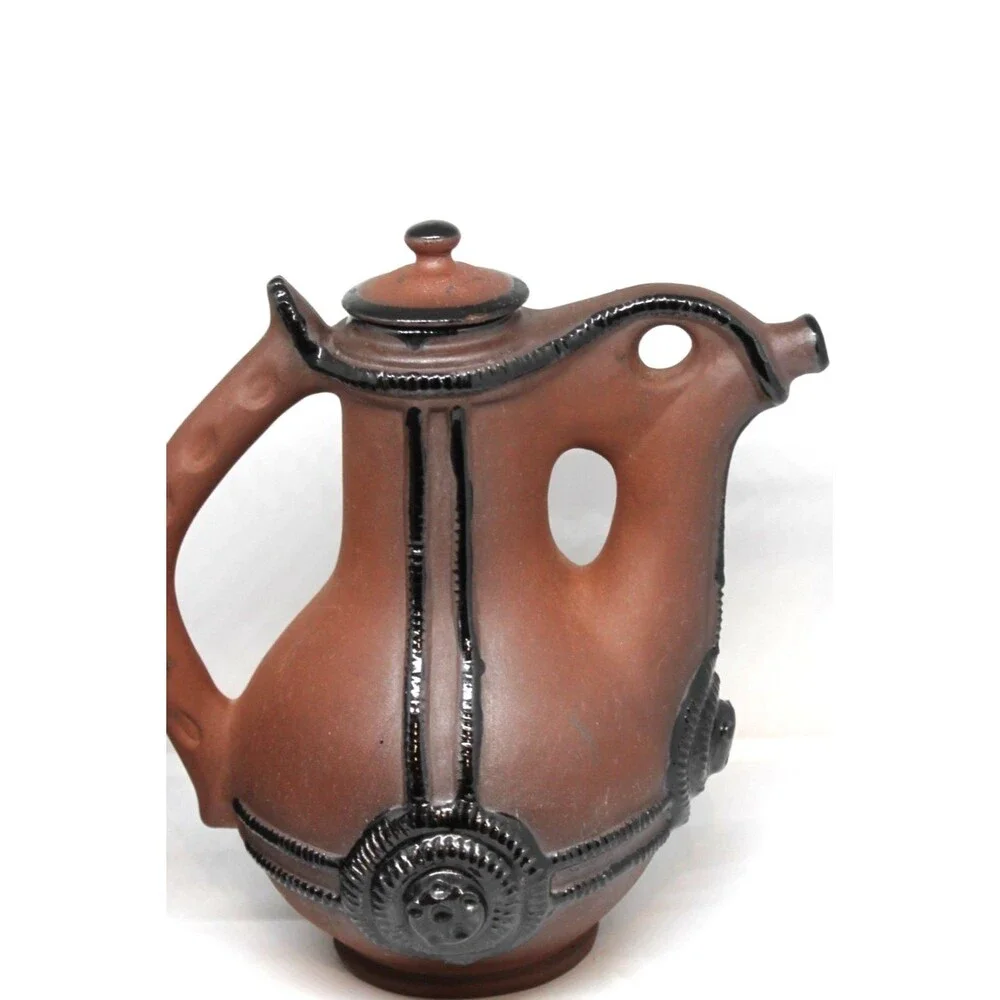 Bulgarian Clay Pottery Pitcher w/Sculptural Handle Decorative Elements 6 Mugs